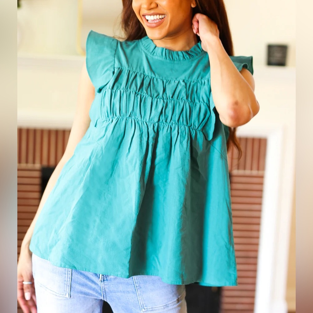 Love Life Cotton Turquoise Frill Mock Neck Flutter Sleeve Top